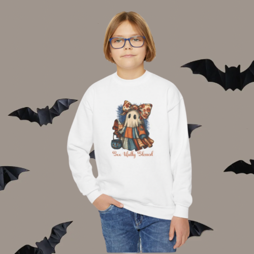 Cute Ghost Applique Youth Crewneck Sweatshirt, Halloween Sweatshirt, Fall Fashion, Kids Sweatshirt, Cozy Kids Apparel