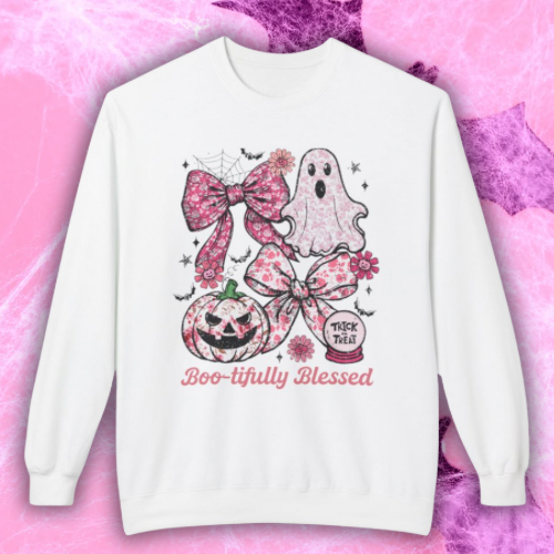 Boo-tifully Blessed Halloween Sweatshirt, Ghost and Bow Crewneck, Cozy Fall Sweater, Spooky Season Apparel, Pumpkin Sweatshirt