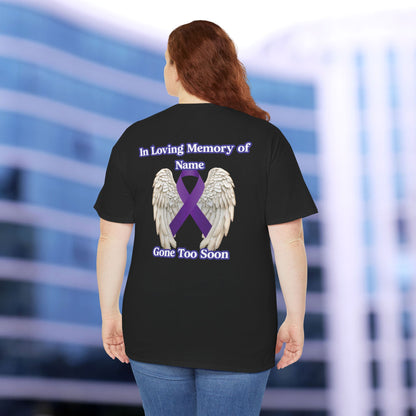 “No One’s Story Should End Too Soon” Personalized Memorial Ribbon & Wings Tee | In Memory Of Shirt | Gone Too Soon Awareness Gift