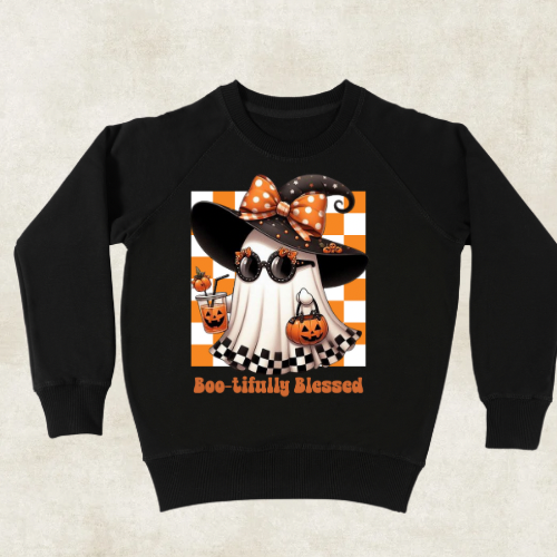Halloween Kids Sweatshirt - Boo-tifully Blessed, Cute Ghost Design, Perfect for Fall, Trick or Treat, Cozy Gifts