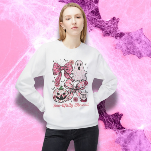 Boo-tifully Blessed Halloween Sweatshirt, Ghost and Bow Crewneck, Cozy Fall Sweater, Spooky Season Apparel, Pumpkin Sweatshirt