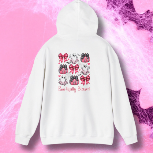 Boo-tifully Blessed Sweatshirt - Cozy Halloween Hoodie, Gift for Fall Celebrations, Ghosts and Bows Design, Unisex Hooded Top, Holiday [...]