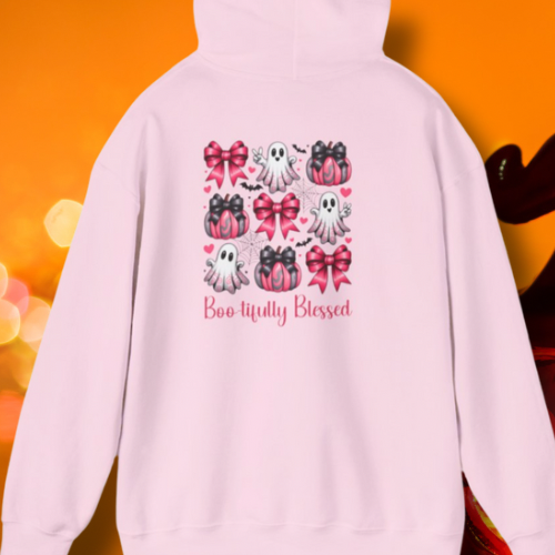 Boo-tifully Blessed Sweatshirt - Cozy Halloween Hoodie, Gift for Fall Celebrations, Ghosts and Bows Design, Unisex Hooded Top, Holiday [...]