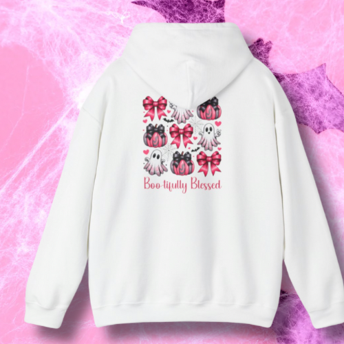 Boo-tifully Blessed Sweatshirt - Cozy Halloween Hoodie, Gift for Fall Celebrations, Ghosts and Bows Design, Unisex Hooded Top, Holiday [...]