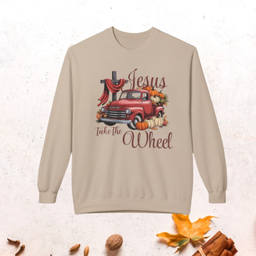 Cozy Fleece Sweatshirt with 'Jesus Take the Wheel' Design, Perfect for Fall Celebrations, Thanksgiving, Christian Apparel, Gift for [...]