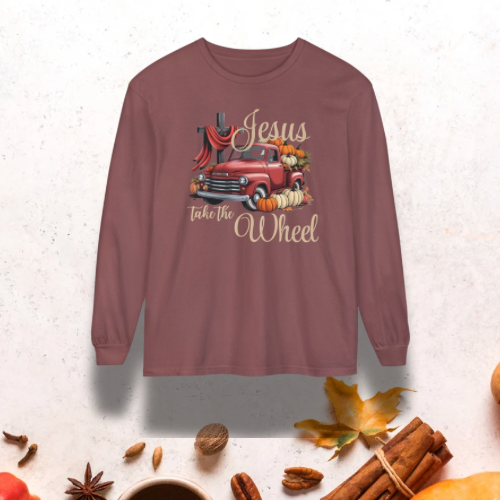 Fall Vibes Long Sleeve T-Shirt | Jesus Take the Wheel, Autumn Apparel, Casual Gift, Thanksgiving Shirt, Cozy Layering Top