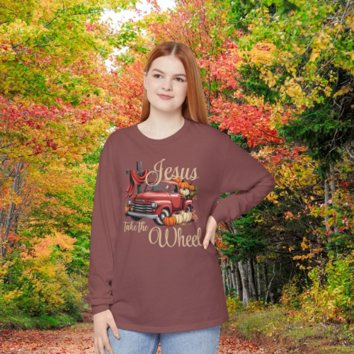 Fall Vibes Long Sleeve T-Shirt | Jesus Take the Wheel, Autumn Apparel, Casual Gift, Thanksgiving Shirt, Cozy Layering Top
