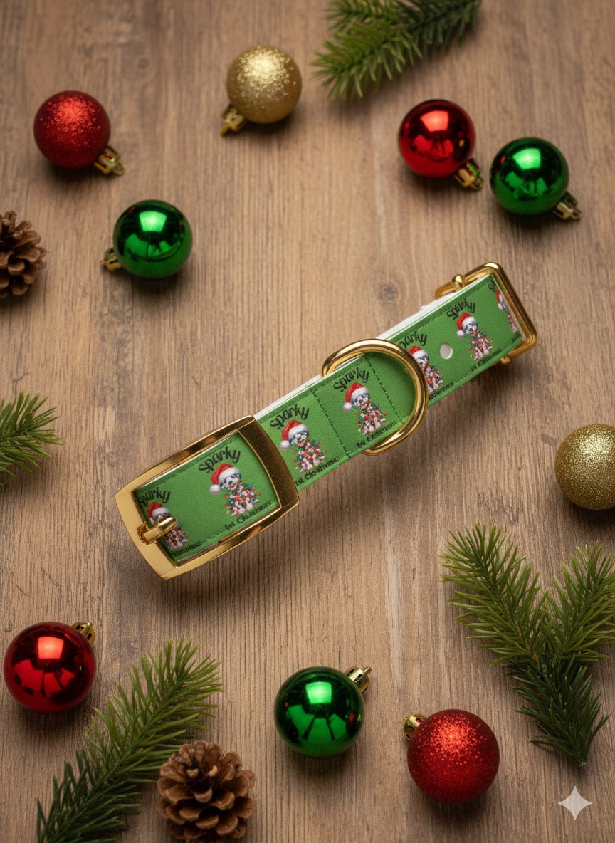 Personalized "Sparky 1st Christmas" Dog Collar - Festive Green Holiday Pet Collar