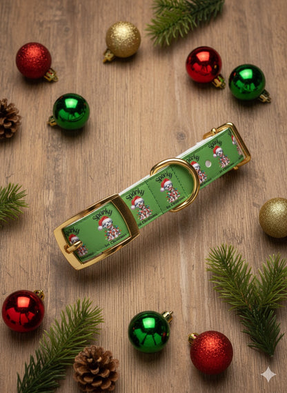Personalized "Sparky 1st Christmas" Dog Collar - Festive Green Holiday Pet Collar