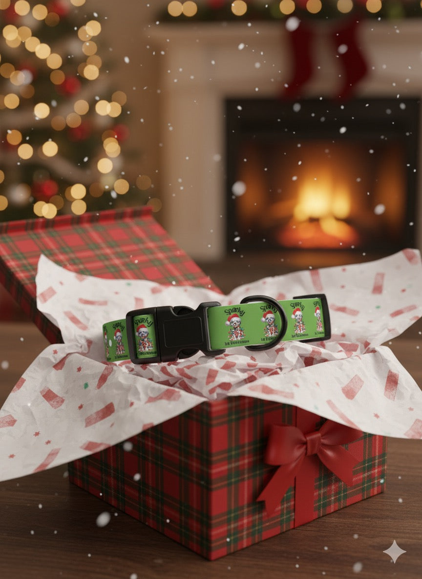 Personalized "Sparky 1st Christmas" Dog Collar - Festive Green Holiday Pet Collar