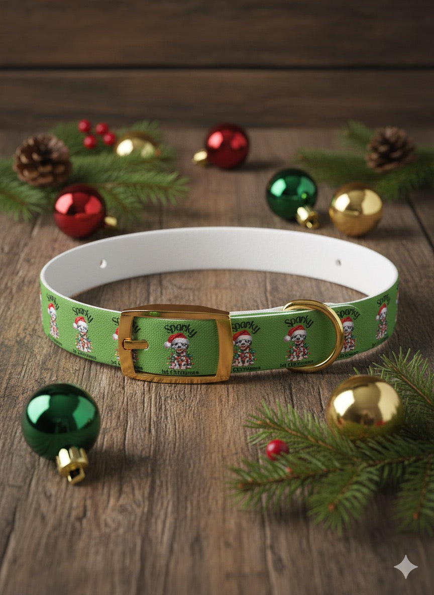 Personalized "Sparky 1st Christmas" Dog Collar - Festive Green Holiday Pet Collar
