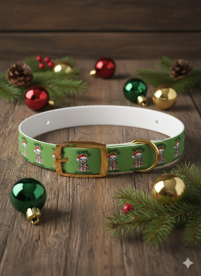 Personalized "Sparky 1st Christmas" Dog Collar - Festive Green Holiday Pet Collar