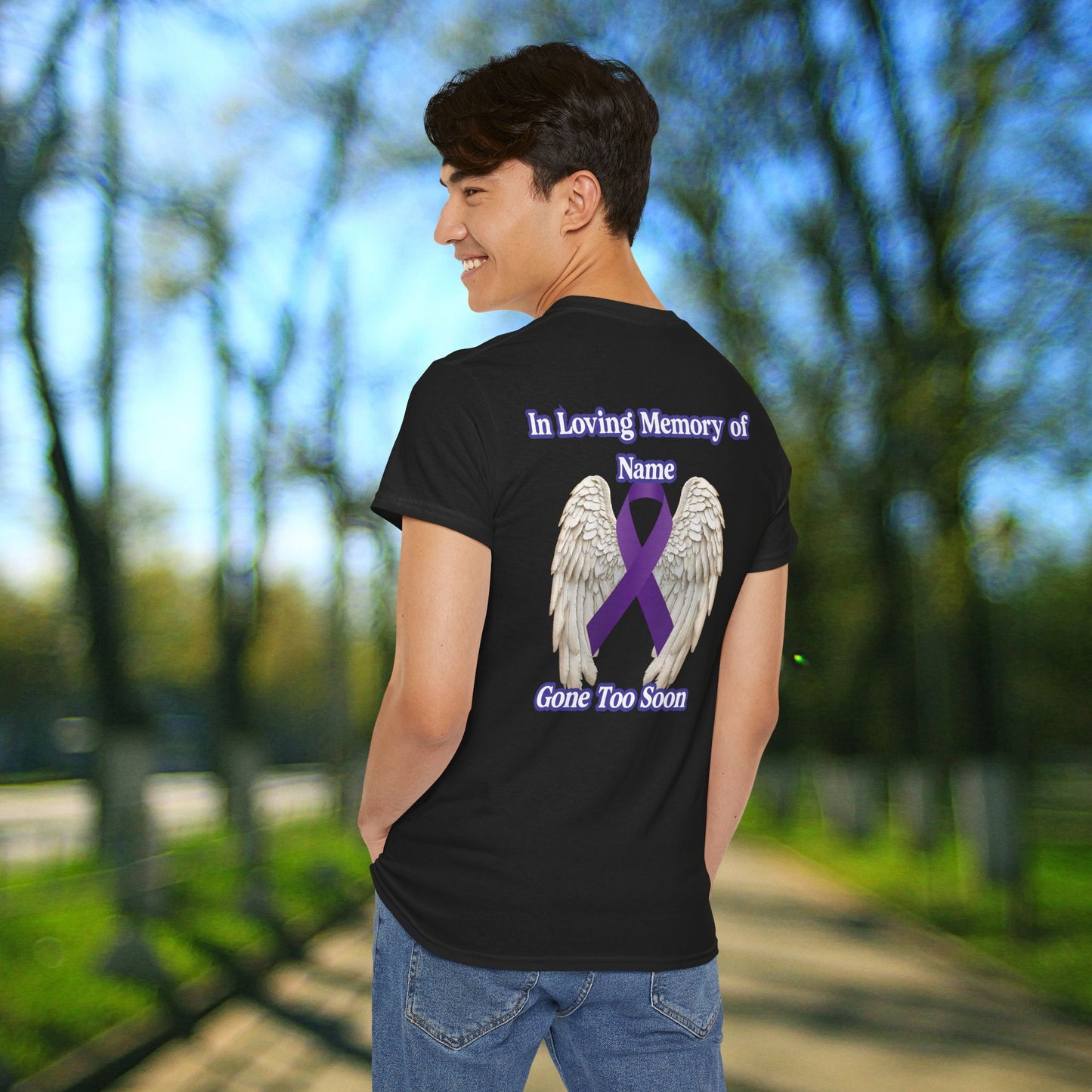 “No One’s Story Should End Too Soon” Personalized Memorial Ribbon & Wings Tee | In Memory Of Shirt | Gone Too Soon Awareness Gift