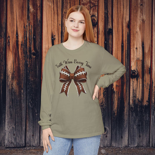 Faith Wins Every Time Long Sleeve T-Shirt | Unisex Football T-Shirt, Game Day Apparel, Sports Fan Gift, Faith-Inspired Shirt, Casual Wear