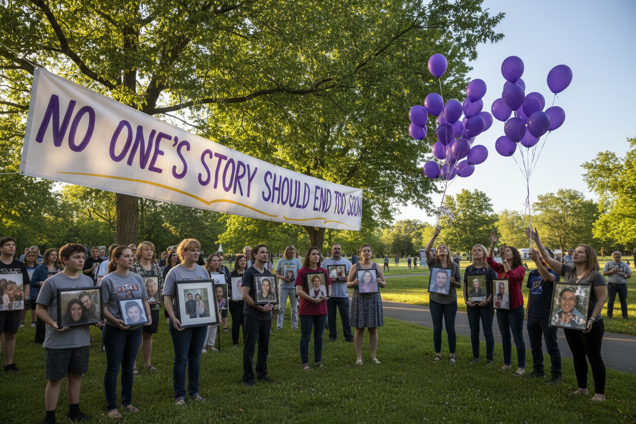 A outdoors overdose awareness event with banner that says "no one's story should end to soon"  some people holding pictures of their loved ones that passed others releasing purple ballons with a supportive community vibe
